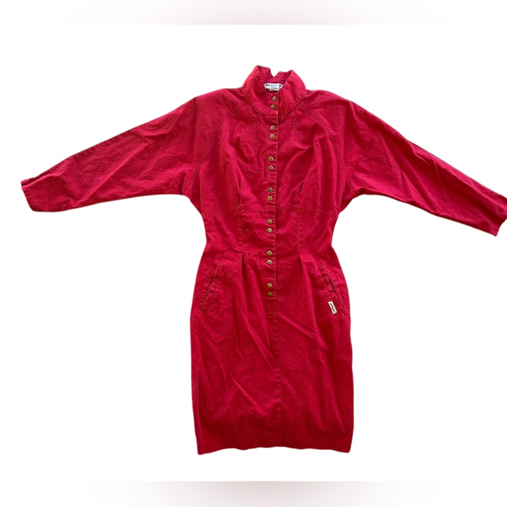 Vintage 80s Skirt Jumpsuit Red Snaps Pockets High Neck Nok Nok Dolman Sleeve - Picture 1 of 6
